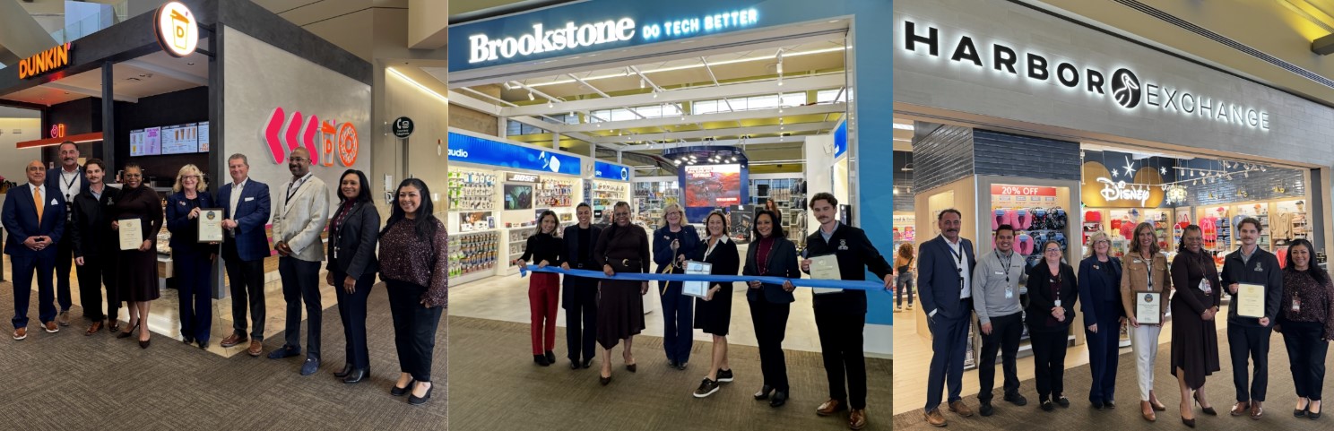 ribbon cuttings of dunkin' donuts, brookstone, and harbor exchange in jwa